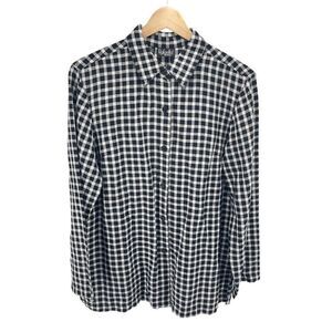 Rafaella Womens Button Down Shirt Check Linen Blend Long Sleeve Black Petite 10P